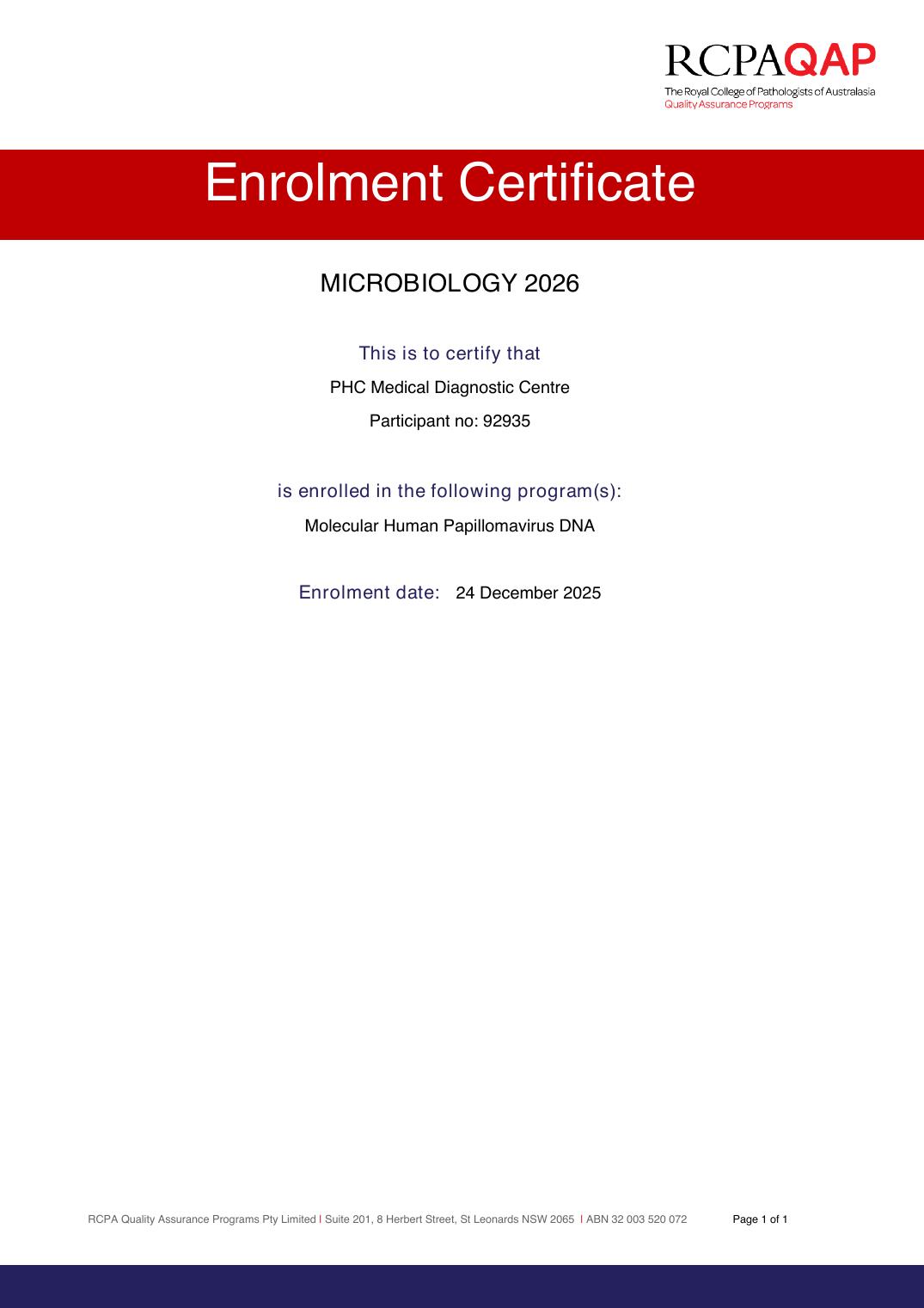 RCPAQAP - Enrolment Certificate: Microbiology 2026