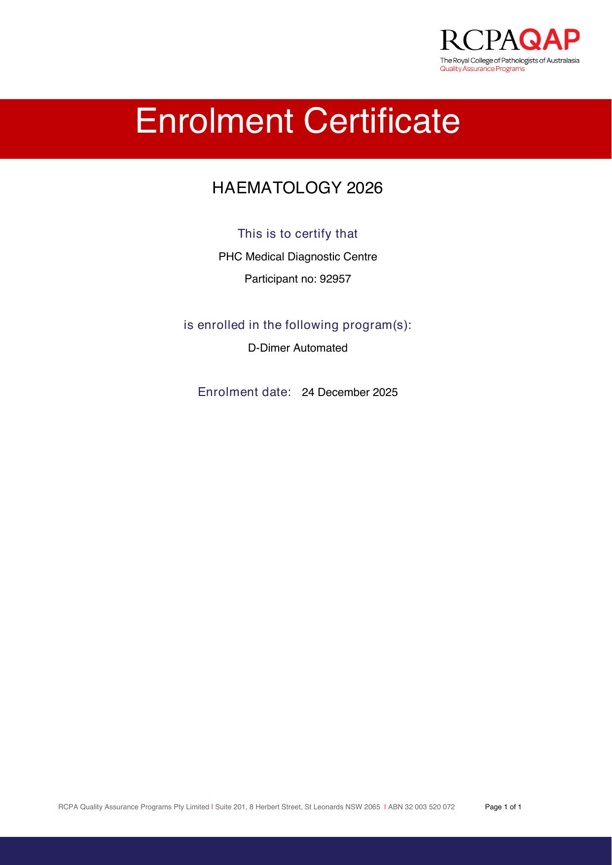 RCPAQAP - Enrolment Certificate: Haematology 2026