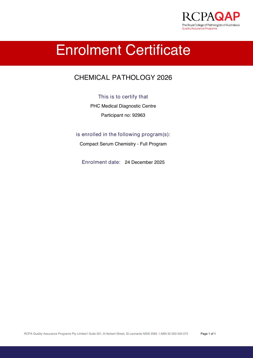 RCPAQAP - Enrolment Certificate: Chemical Pathology 2026