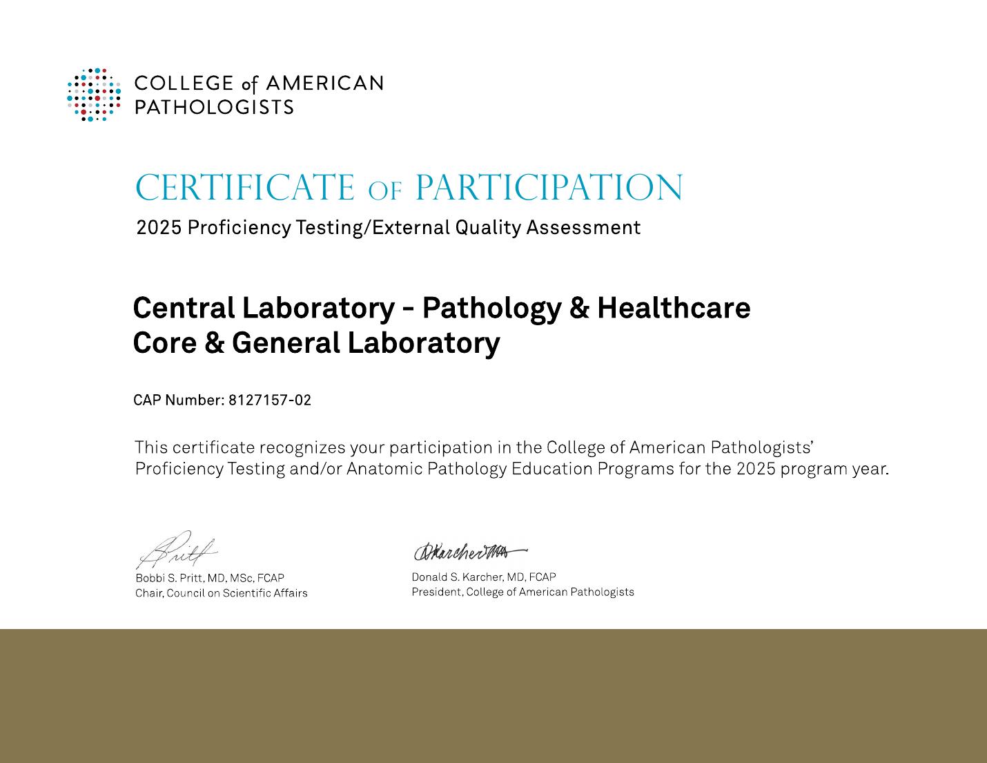 CAP - Certificate of Participation 2025 PT/EQA: Pathology & Healthcare Core & General Laboratory